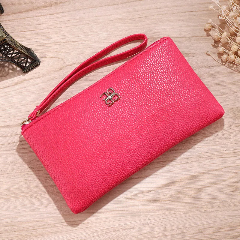 55-inch long PU leather phone wallet zipper handbag in solid colour with sewing line detailing