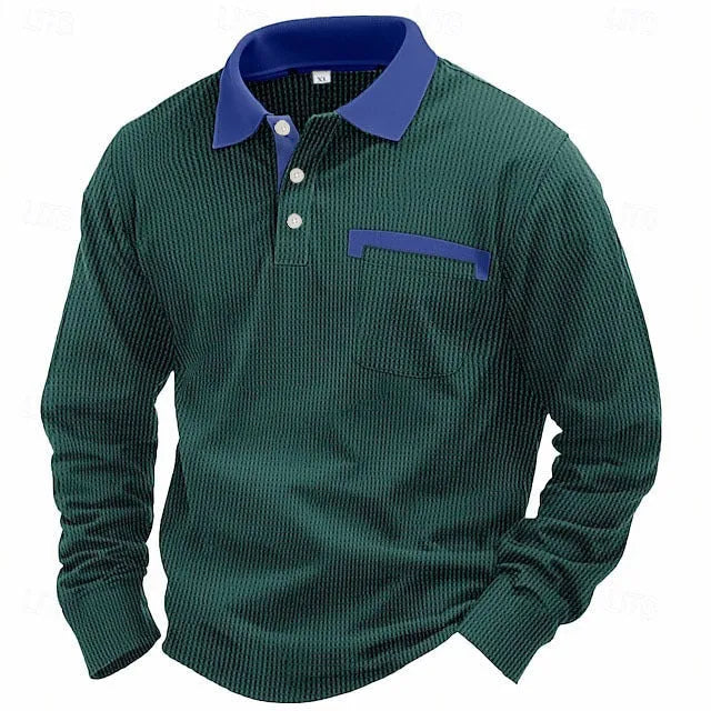 Men's waffle-textured polo shirt in wine red with asymmetric design and long sleeves.