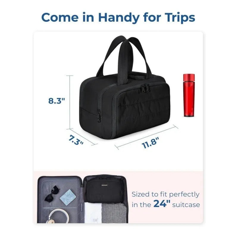 Large open-top travel toiletry bag in black polyester with fluffy texture, showing ample storage space.