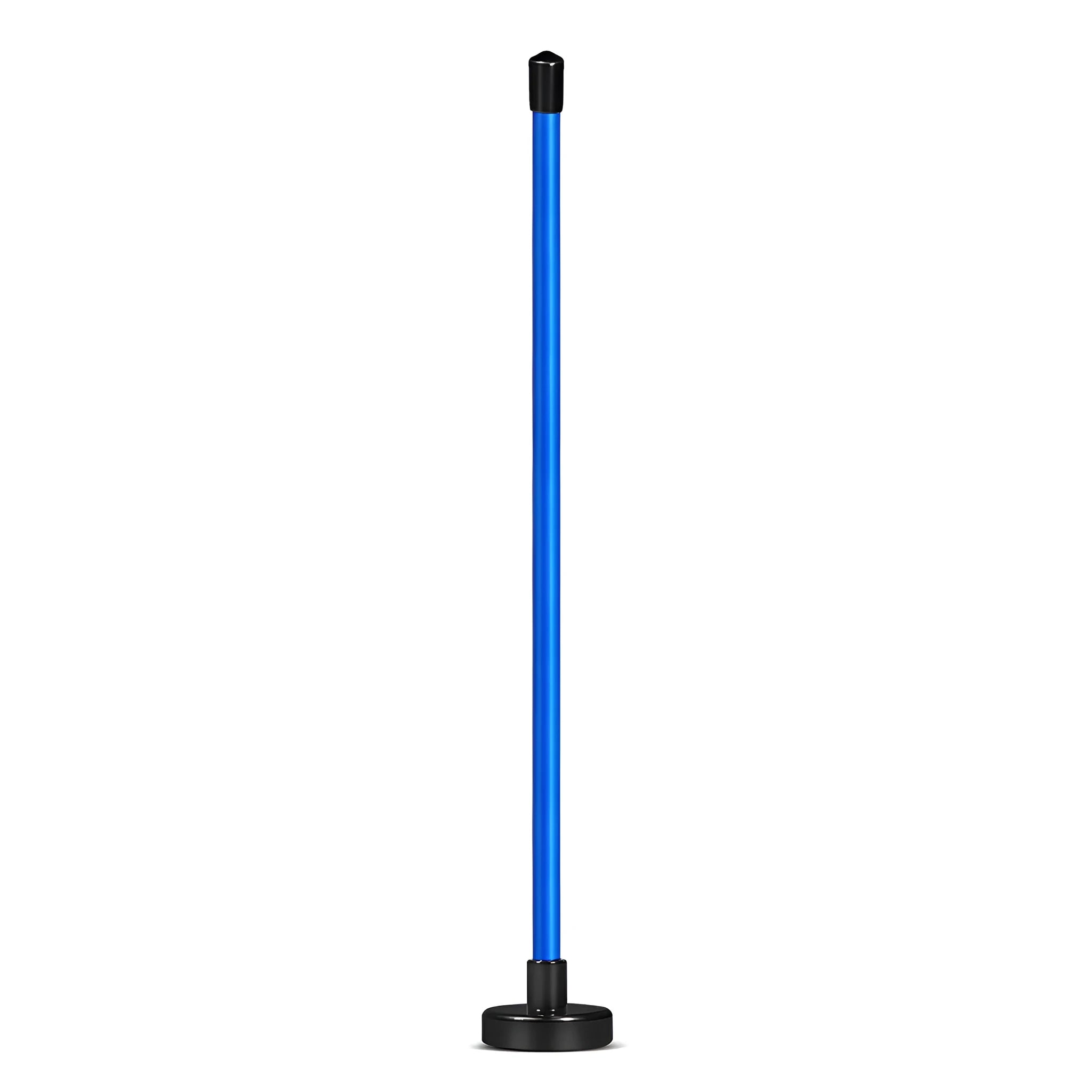 Blue aluminium alloy golf swing trainer with magnetic baseball bar for alignment.