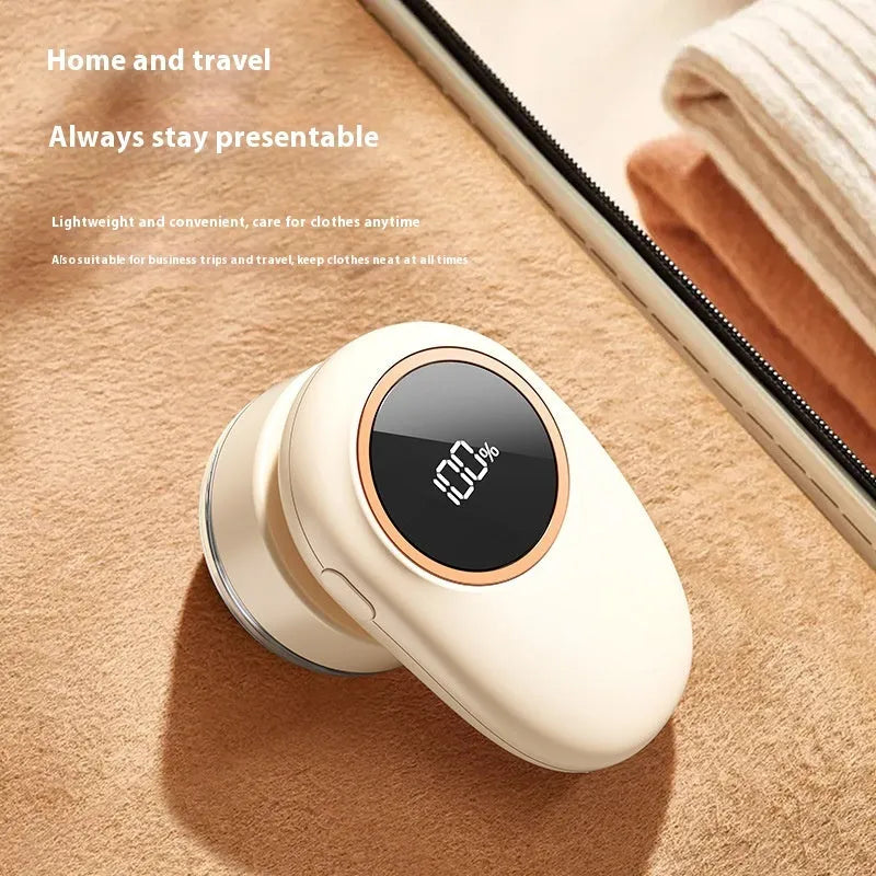 USB rechargeable fur ball trimmer with digital display, shown in beige and purple colour options with multiple cutter head configurations.