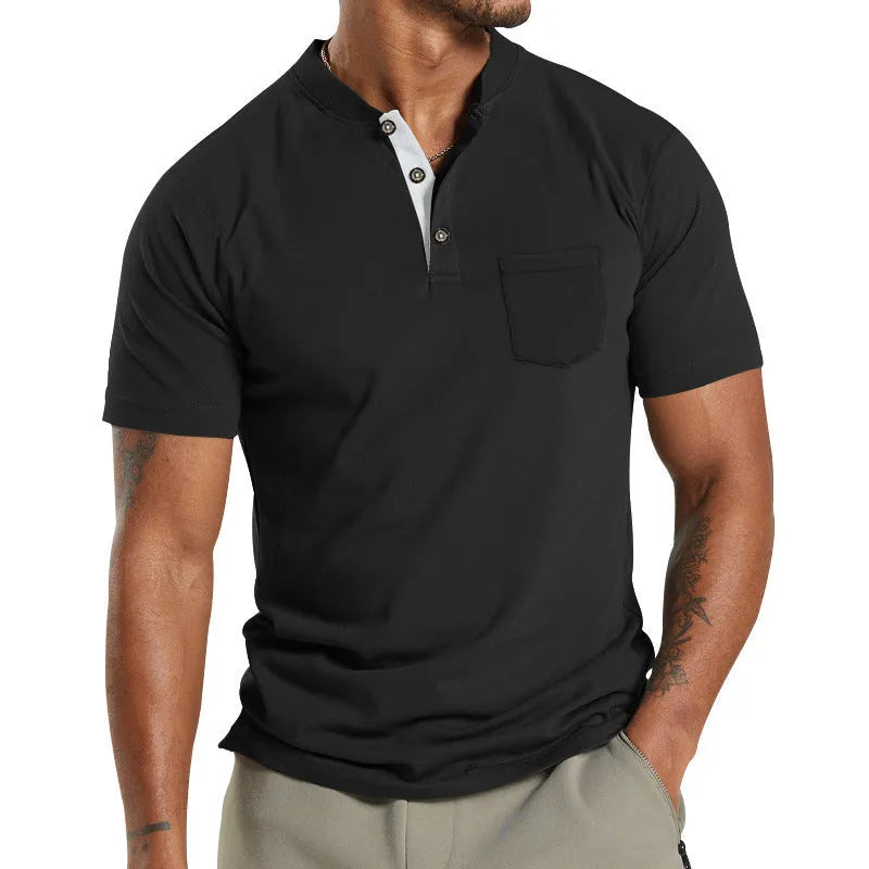 Men's plus size short sleeve button pocket shirt in solid colour polyester fabric.