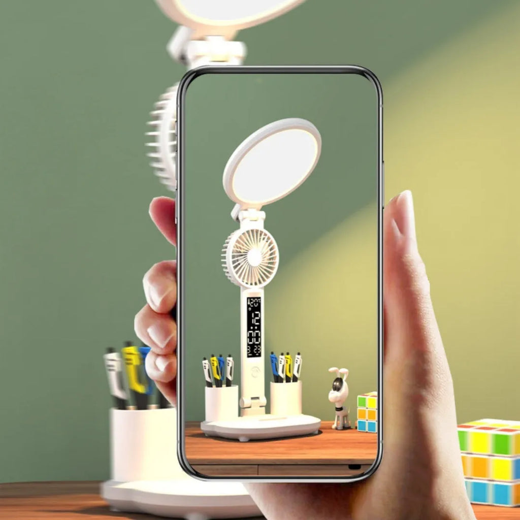 LED clock table lamp with foldable design, fan, and USB rechargeable battery on a desk
