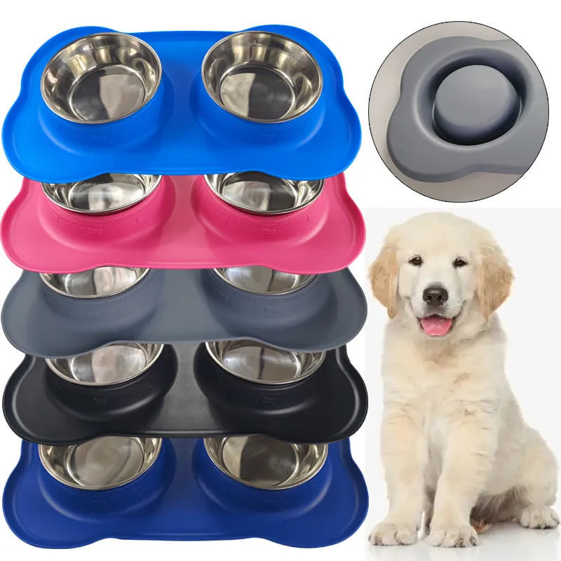 Large double dog bowl with stainless steel inserts in a grey silicone tray for two dogs.