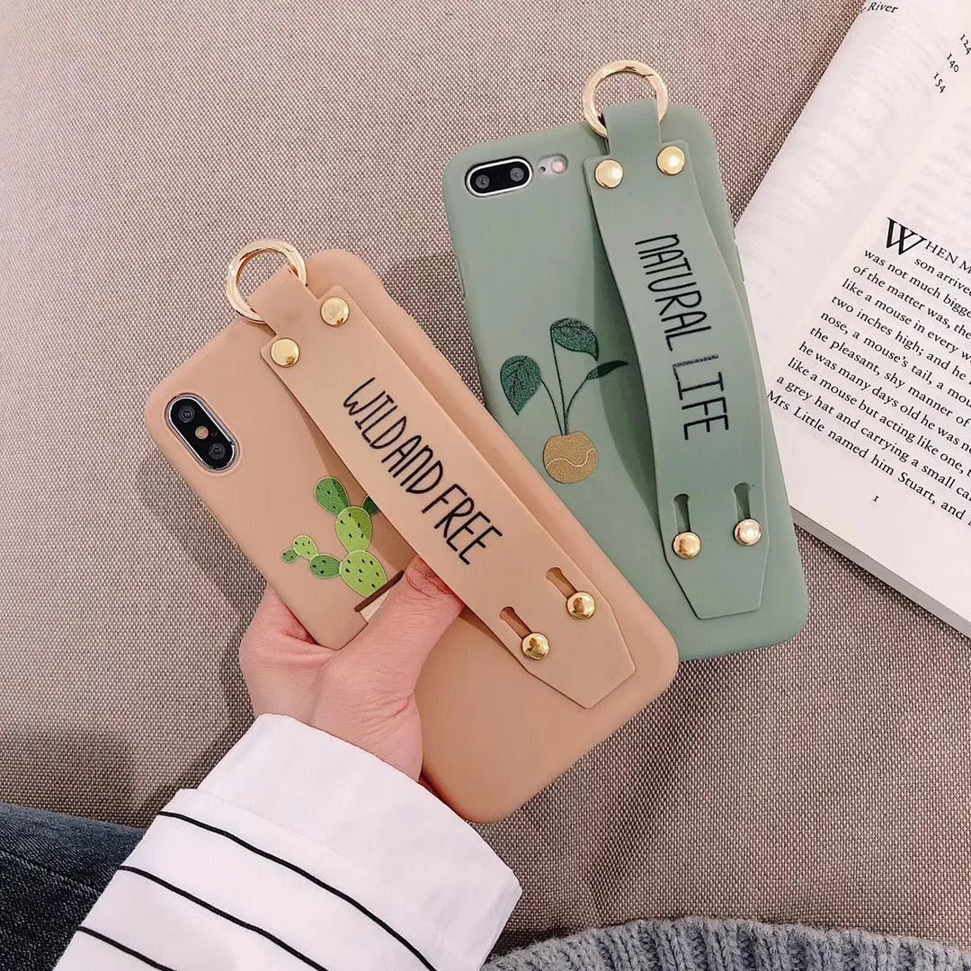 Green graffiti pattern wristband holder phone case for iPhone models showing back cover design