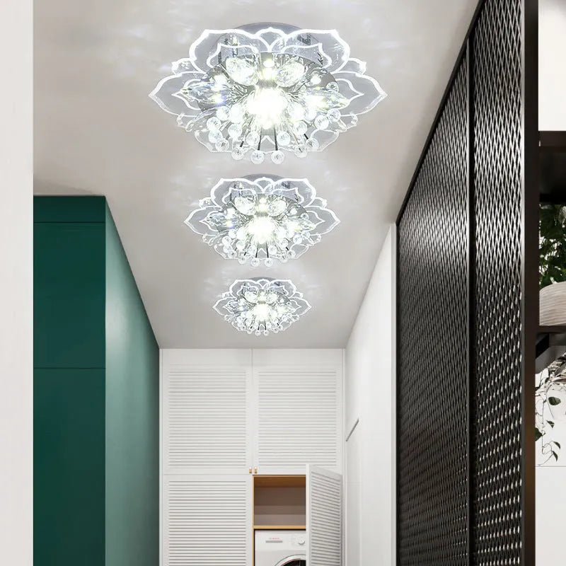 Modern crystal ceiling lamp with flower-shaped shade and 9W LED light in white, coloured, or warm light options