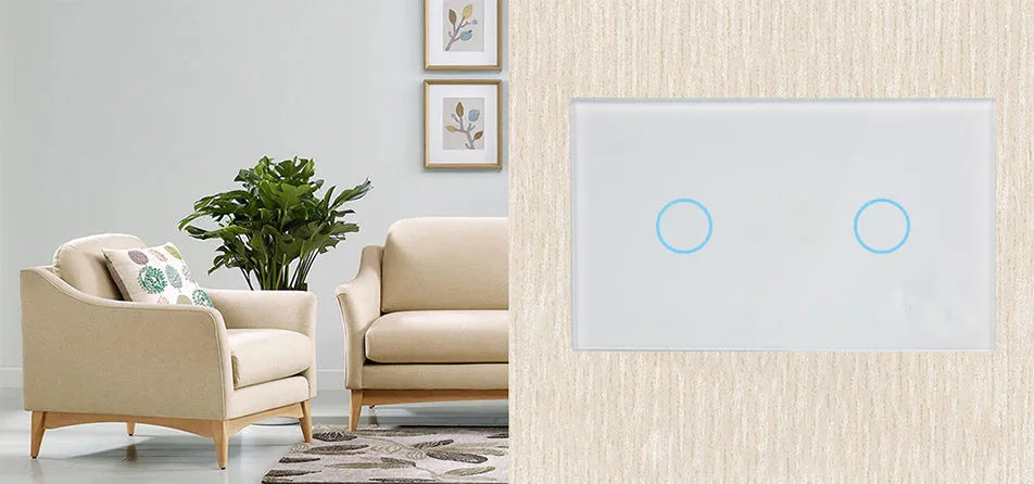 White tempered glass RF touch light switch with 2-gang controls and LED indicators