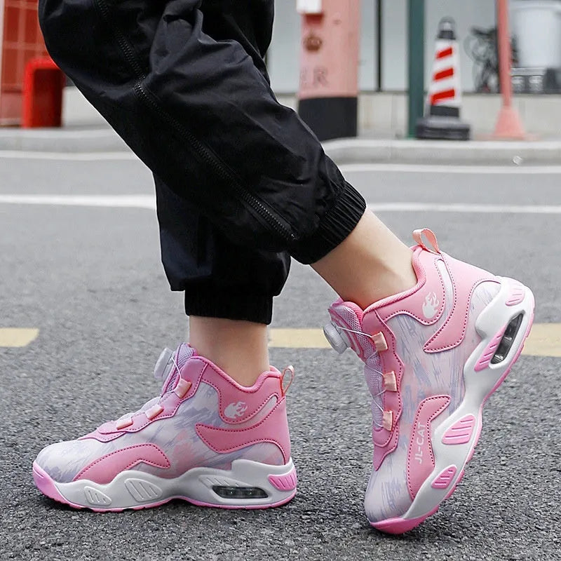 Rotating button running shoes in black synthetic leather with waterproof construction and PU soles
