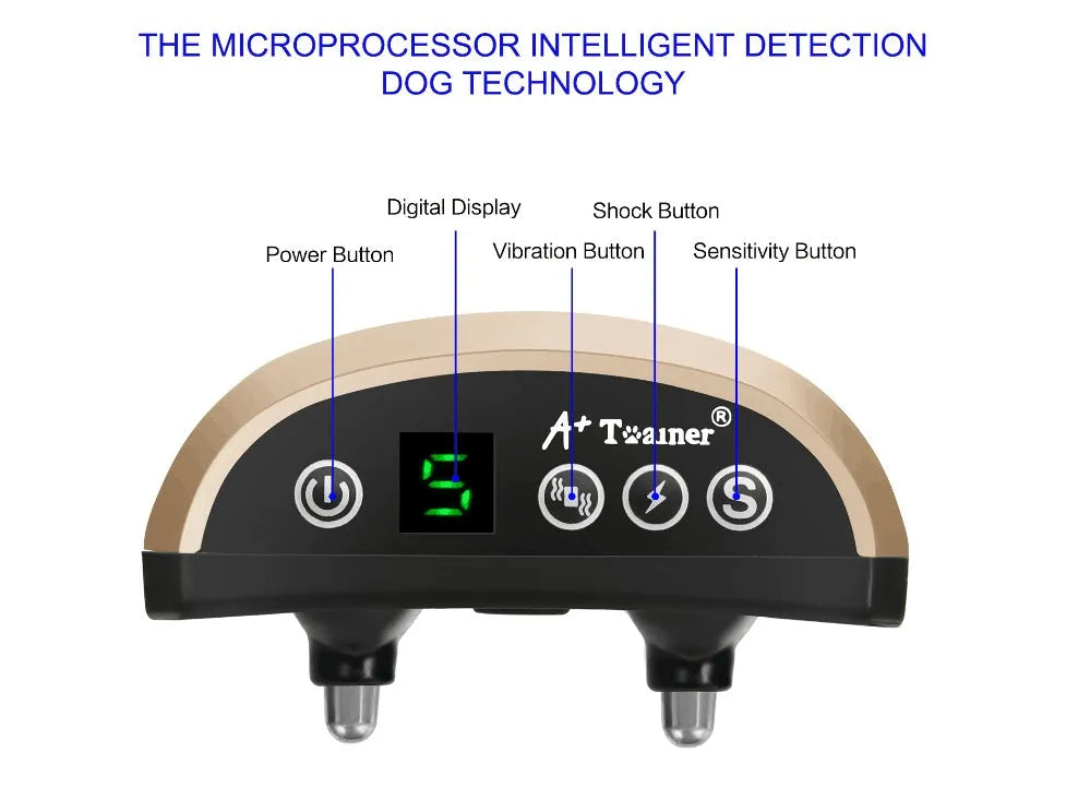 Digital anti-bark training collar with LCD display showing mode settings on adjustable strap