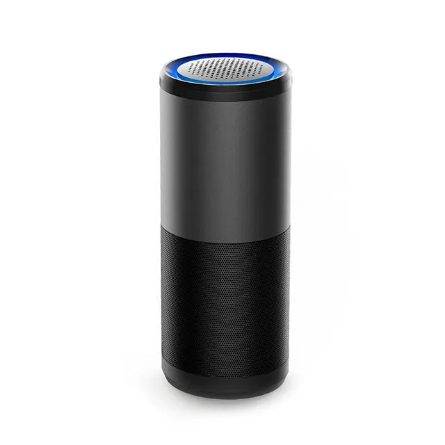 Black portable mini car air purifier with USB cable showing compact 6.2cm diameter design