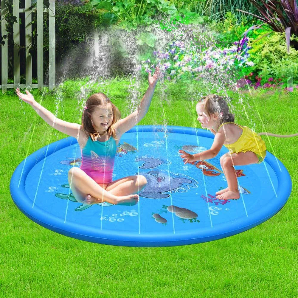 Blue PVC children's water spray play mat with marine animal designs for outdoor garden use