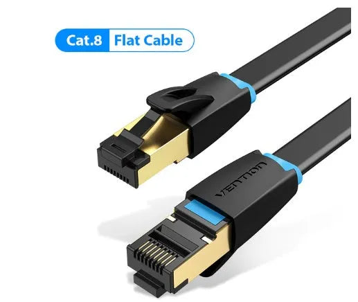 CAT8 shielded Ethernet network cable with RJ45 connectors, available in flat and round styles in various lengths.