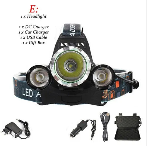 Aluminium alloy rechargeable headlamp with adjustable headband and bright Cree LED light.
