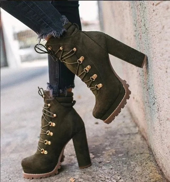 Women's suede high heel ankle boots with waterproof platform in yellow, black, wine red, and army green colours