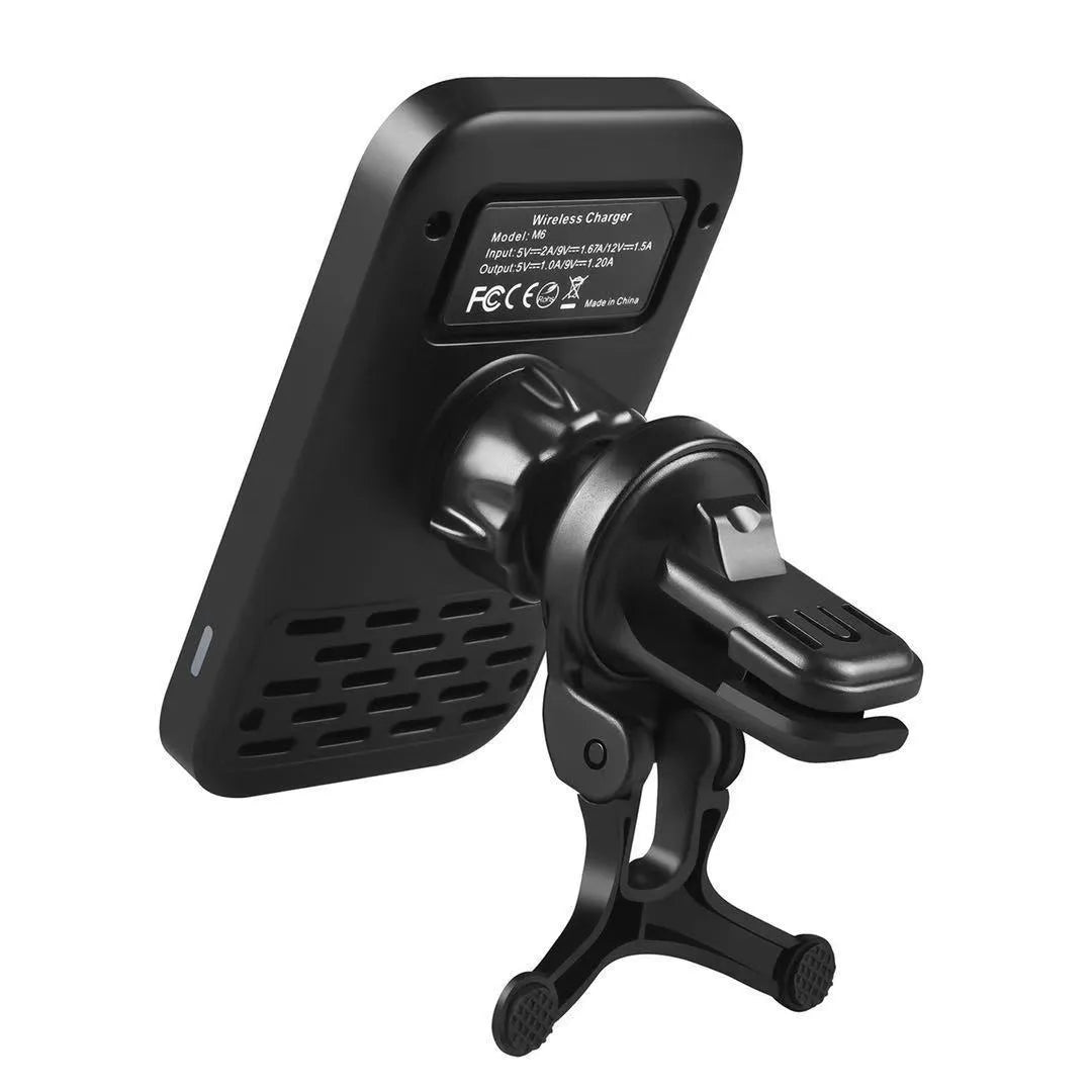 Black M6 magnetic car wireless charger bracket showing USB port and LED indicator light