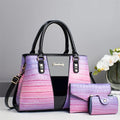 Women's crocodile-stitch three-piece shoulder bag set showing main bag, small bag, and card pouch in PU leather