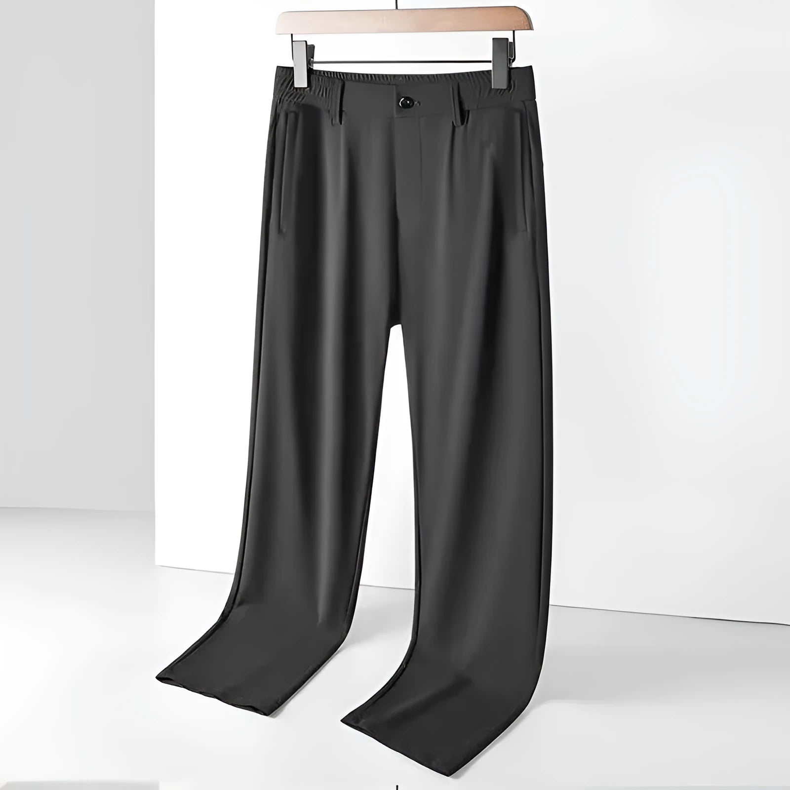 Men's black loose-fit Ice Silk trousers with a straight leg and elasticated waistband.