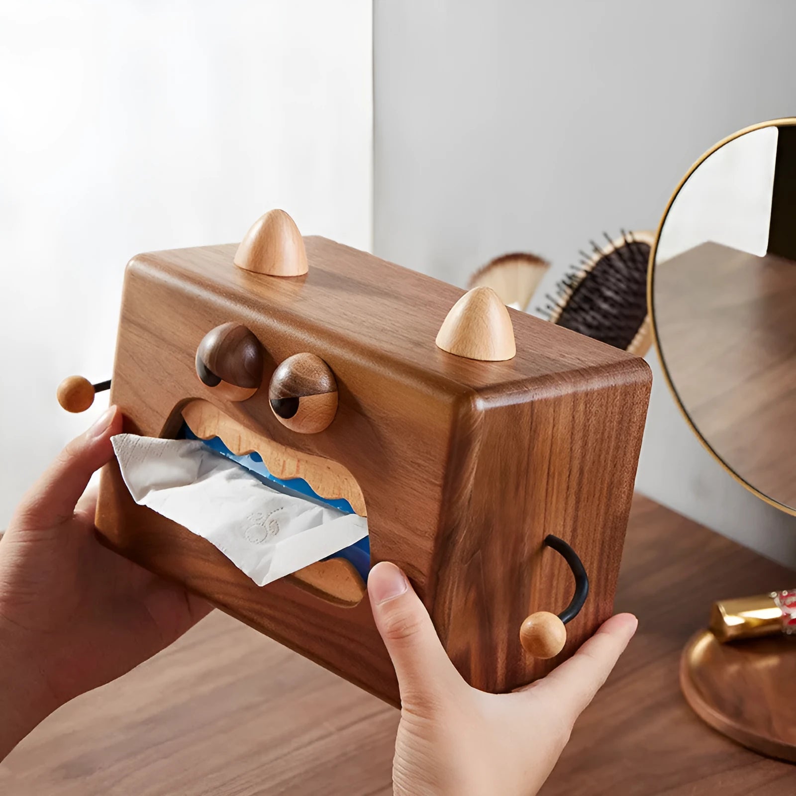 Wooden cartoon little monster tissue box in walnut beech colour, 190x104x125mm dimensions