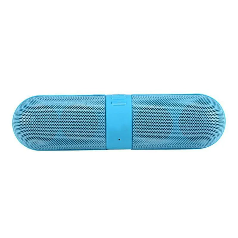 Blue plastic pill Bluetooth speaker with button controls and dustproof casing