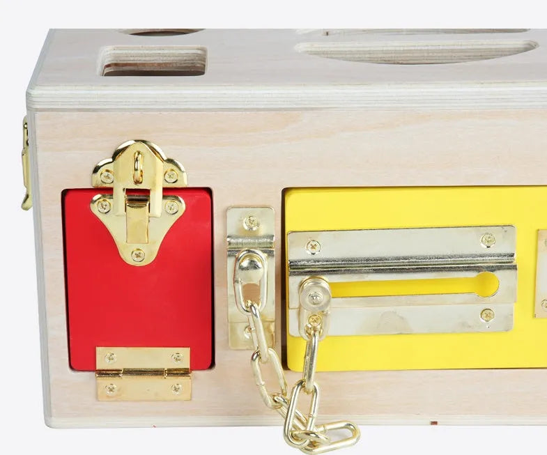 Wooden educational shape lock box toy with 12 wooden shapes for preschool children.