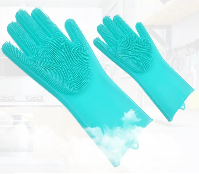 Silicone cleaning gloves with textured scrubbing surface in assorted colours