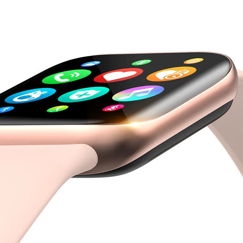 Smart bracelet with touch screen display on a liquid silicone wrist strap in black, pink, or white colours