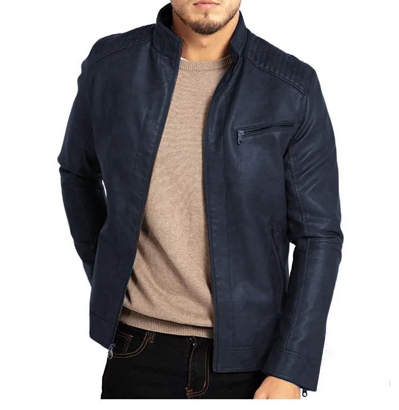 Men's punk-style artificial leather motorcycle jacket with stand collar in multiple colour options