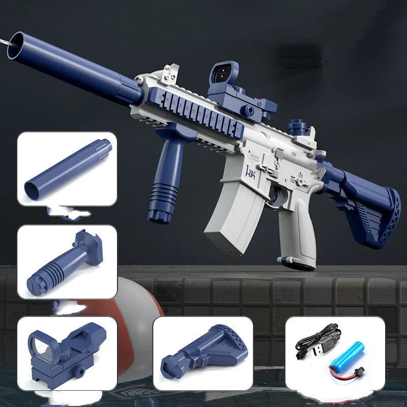 Blue plastic electric space water gun with automatic water absorption for pool and beach play.