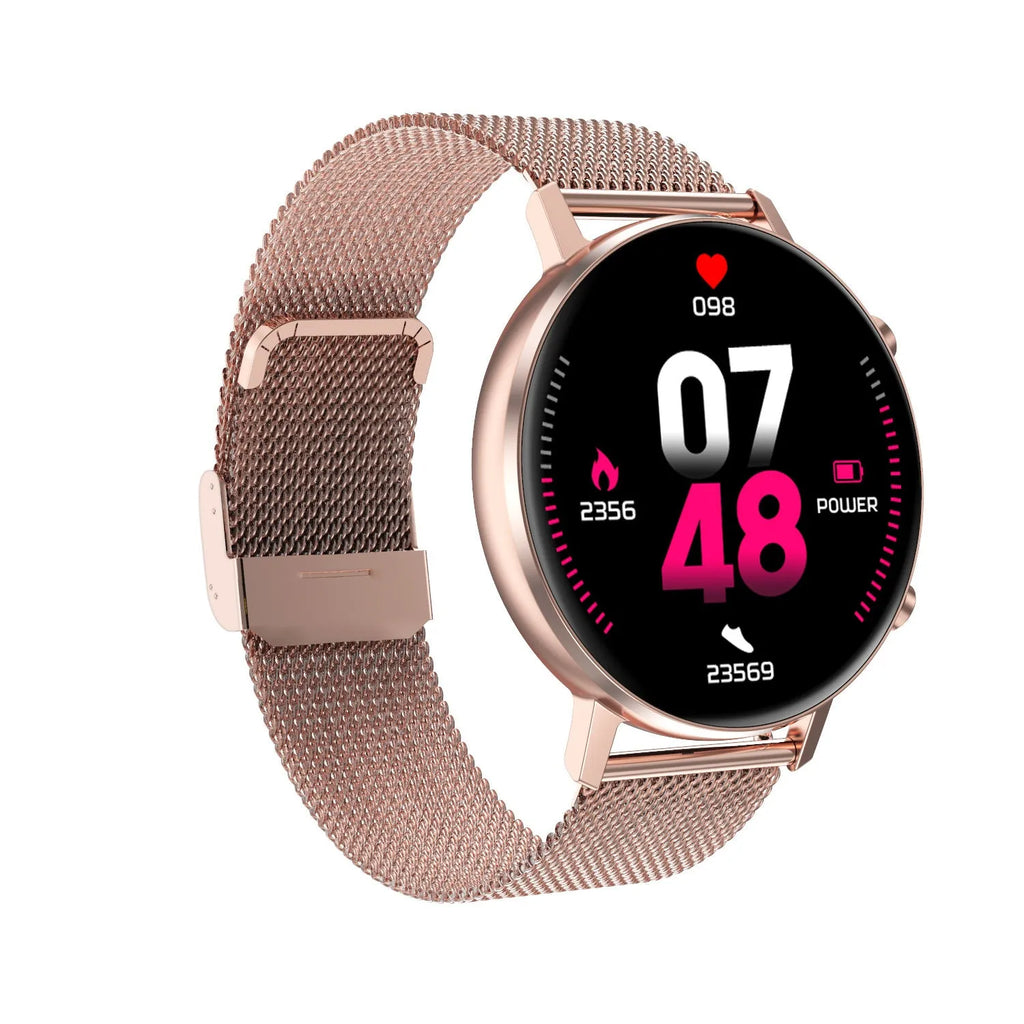 DT96 smart bracelet with steel strap on wrist, showing 1.3-inch colour screen.