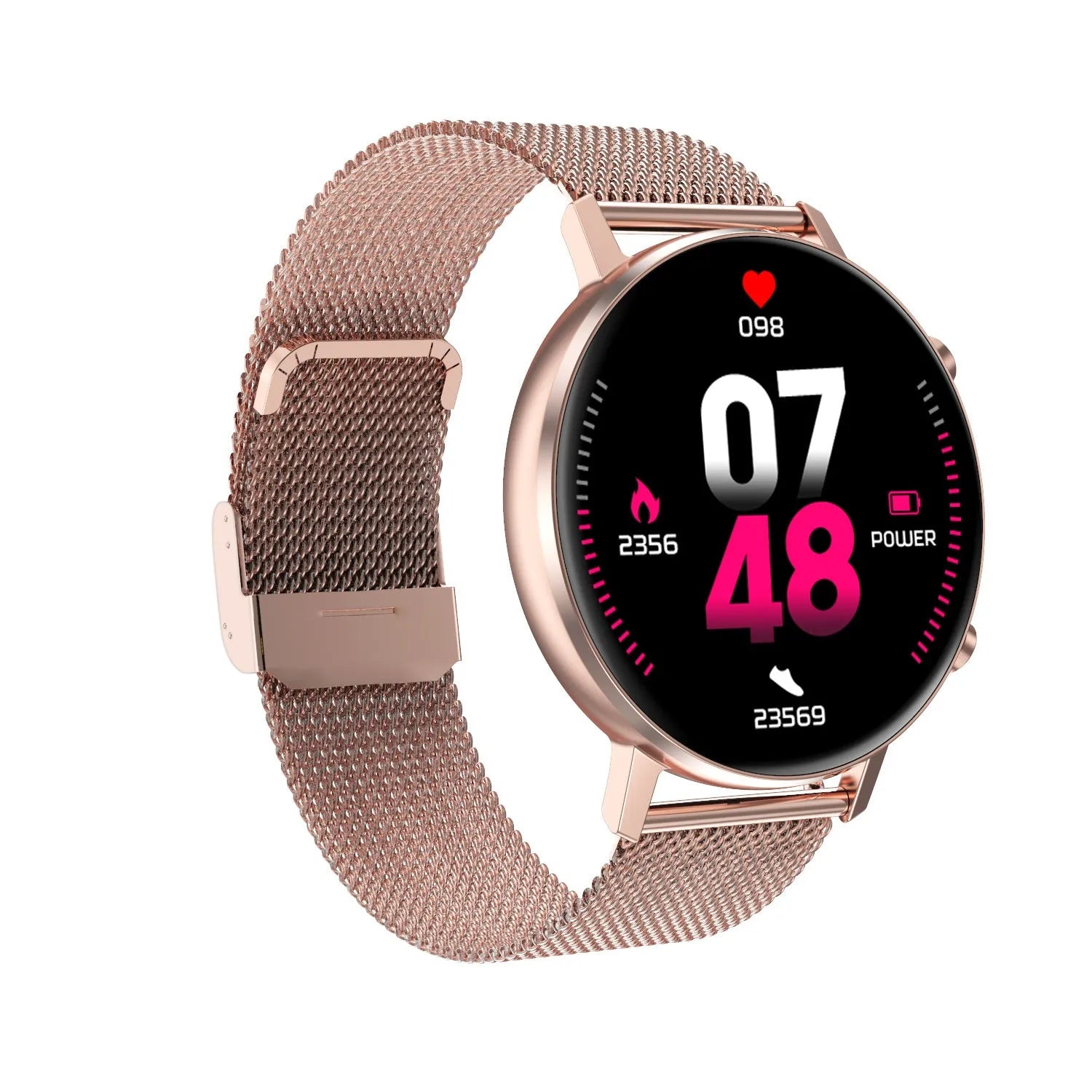 DT96 smart bracelet with steel strap on wrist, showing 1.3-inch colour screen.
