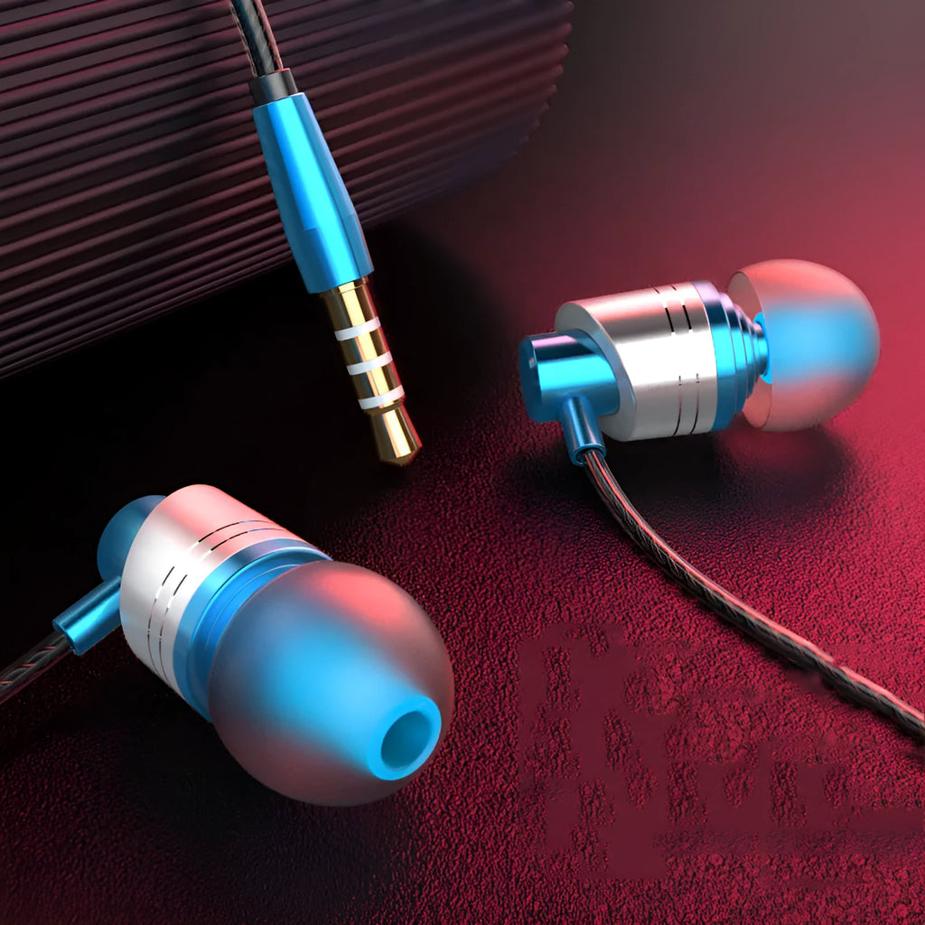 Wired in-ear earphones with a 3.5mm plug, built-in microphone, and TPE cable in black, blue, or red.