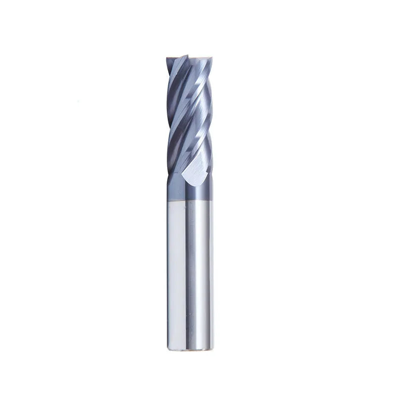 Carbide spiral flute milling cutter with straight shank on a grey background.