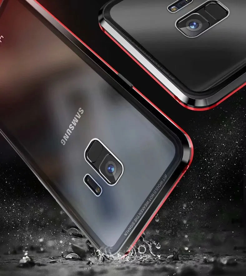 Black anti-peeping magnetic clamshell phone case for Samsung Galaxy phone, showing closed design.