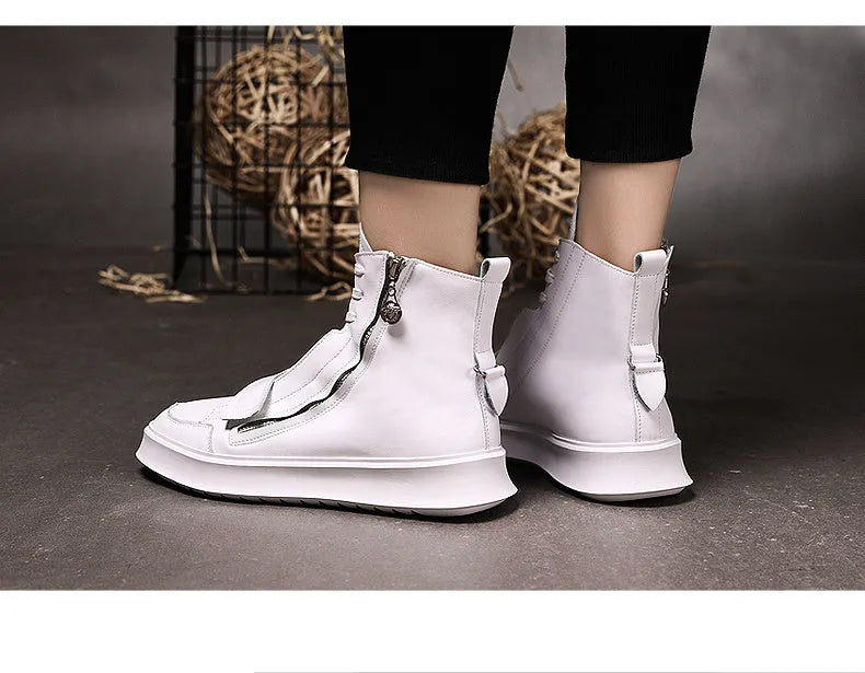 Men's black and white PU leather winter ankle boots in high-top sneaker style showing size range
