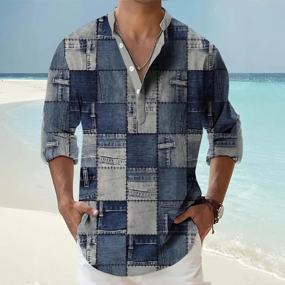 Thin casual digital bamboo linen Hawaiian long sleeve shirt with striped pattern in cardigan style