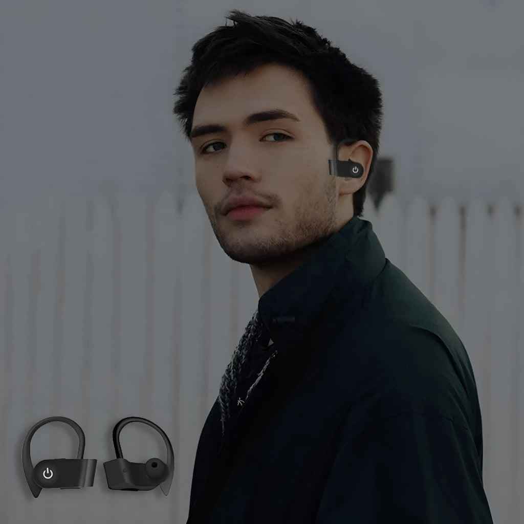 Black wireless Bluetooth earphones with ergonomic in-ear design showing onboard control buttons
