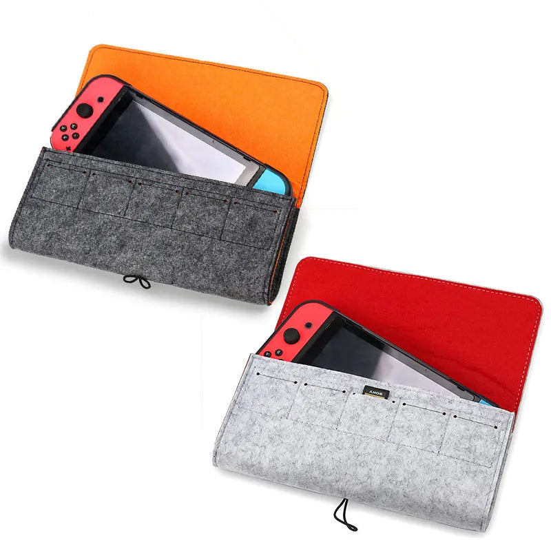 Black felt storage pouch for Nintendo Switch console with game cartridge slots open.