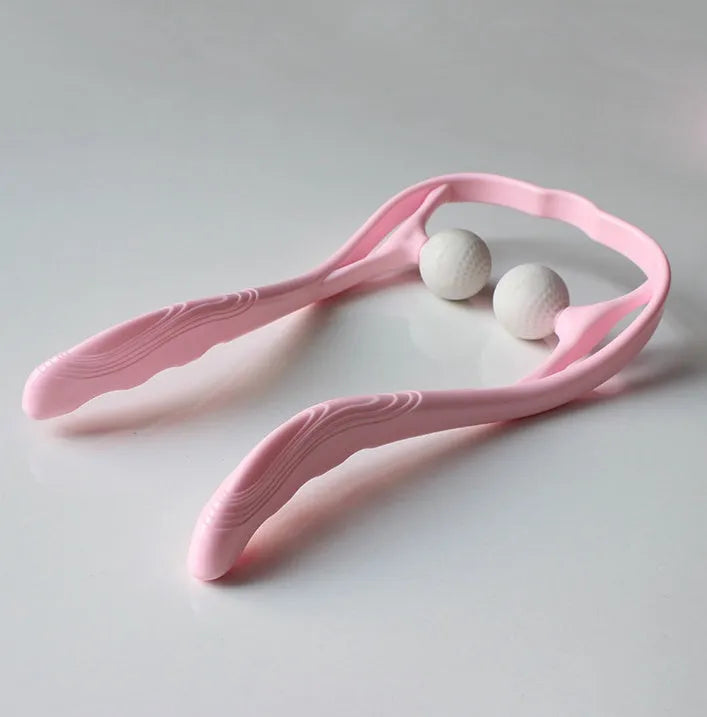 Blue plastic hand-held neck massager with adjustable rollers on a flexible stand.