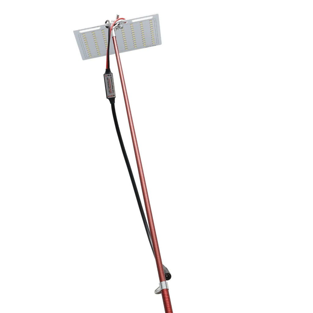 White LED fishing rod light with telescopic pole and remote control on a 12V battery for outdoor use