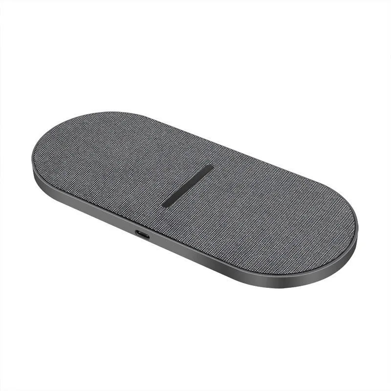 Black dual wireless charging station showing two smartphone charging pads with indicator lights