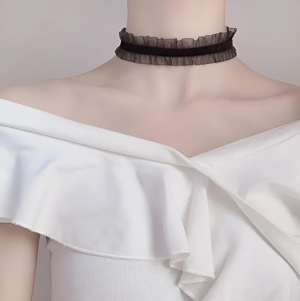 Electroplated alloy velvet ruffled necklace with flower pendant and snake bones chain in light coffee colour.