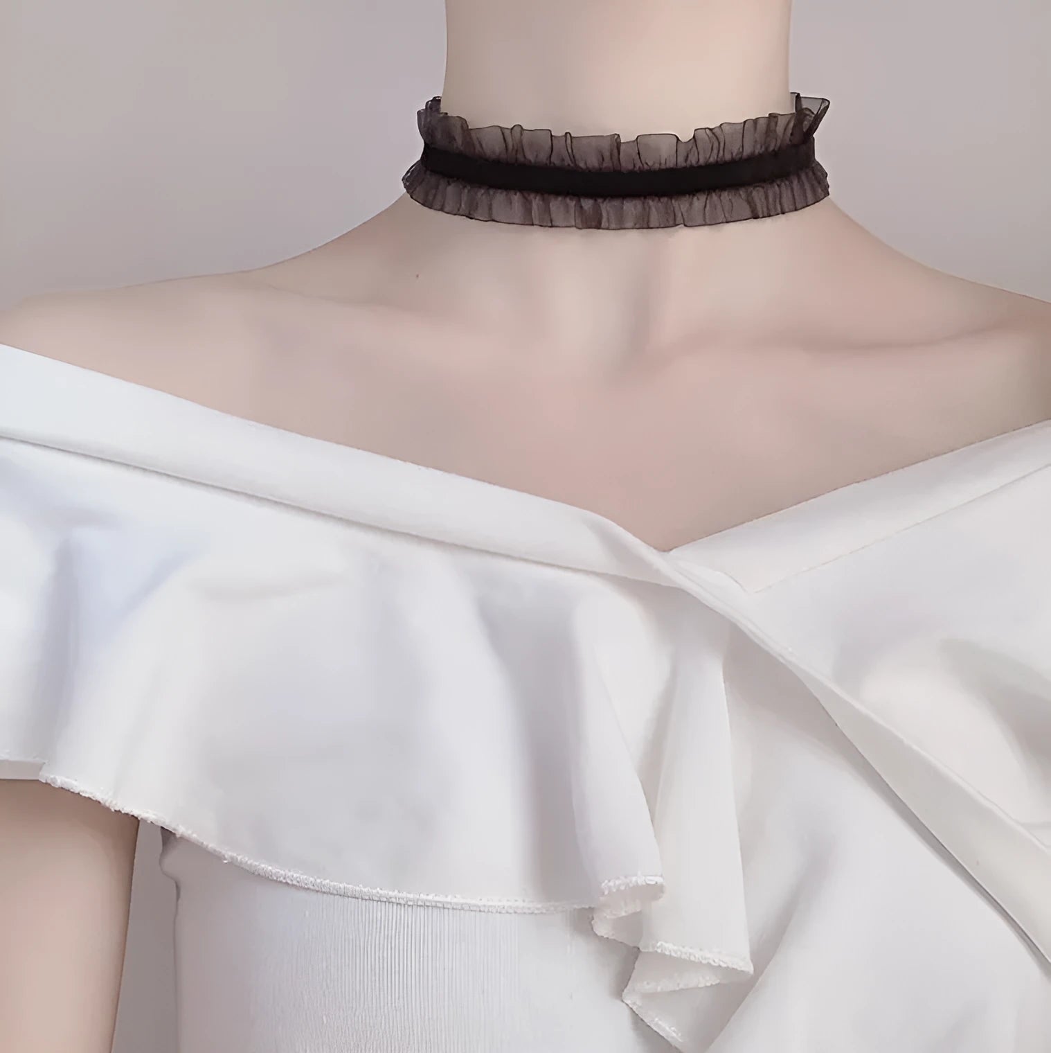 Electroplated alloy velvet ruffled necklace with flower pendant and snake bones chain in light coffee colour.