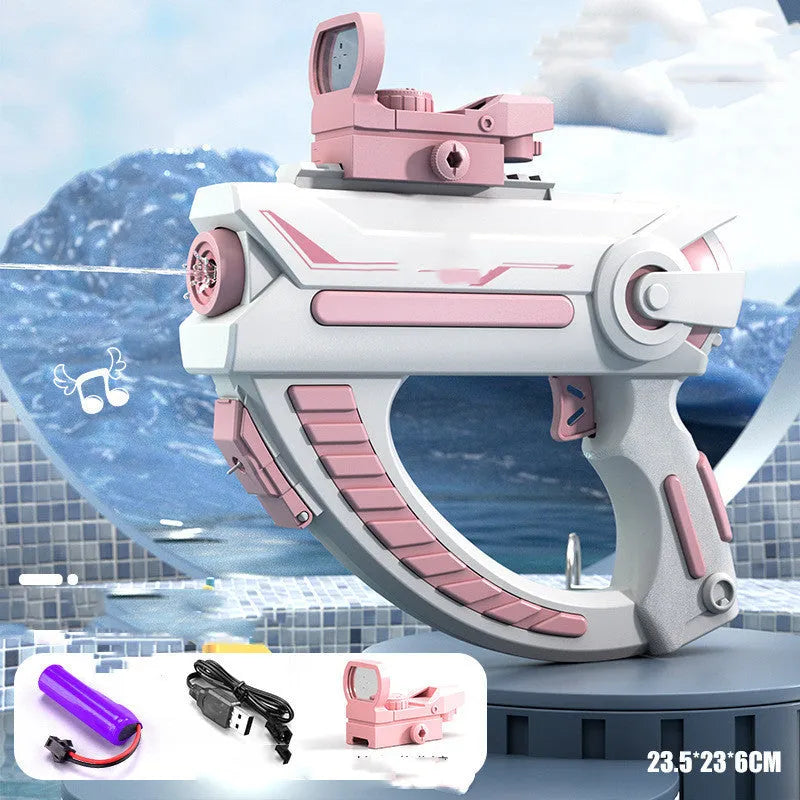 Blue plastic electric space water gun with automatic water absorption for pool and beach play.