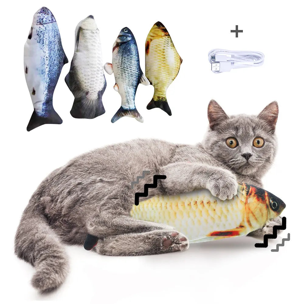 Multicolour USB rechargeable electronic jumping fish cat toy on a floor