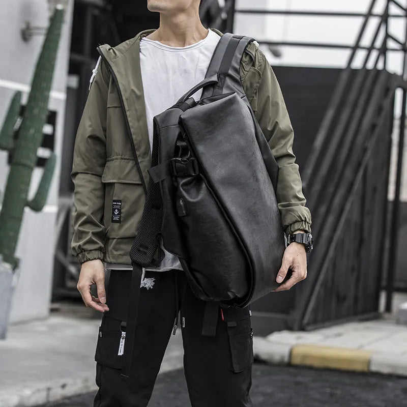 Korean men's PU leather shoulder bag black with car suture stitching cover flap square section