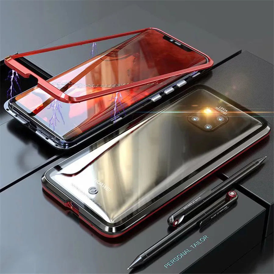 Magnetic phone case with metal frame and tempered glass back for Huawei Honor phones