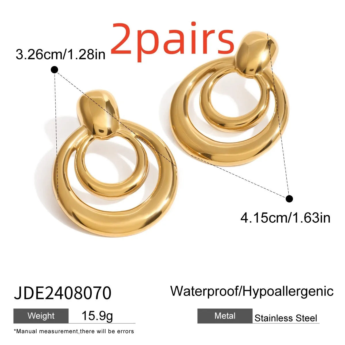 Golden round double-layer hollow stud earrings with geometric design and 18K gold plating