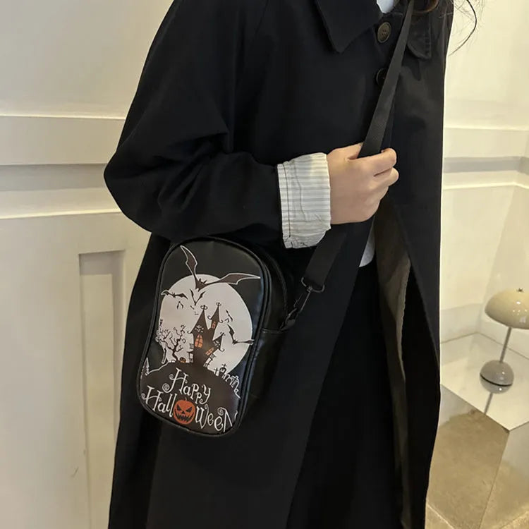 Halloween graffiti crossbody phone bag with pumpkin ghost bat print