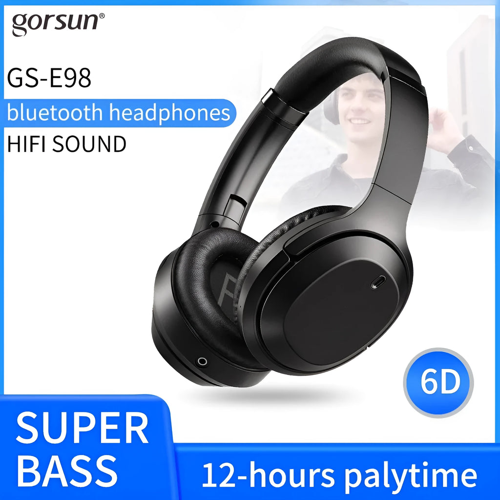 Black Gorsun E98 wireless Bluetooth over-ear headphones with adjustable headband and memory-protein ear cushions.