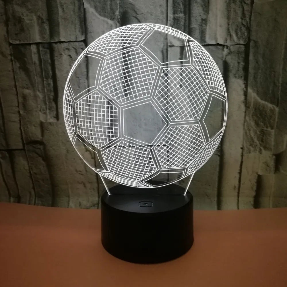 Football 3D night light showing colourful projection with touch controls and USB cable